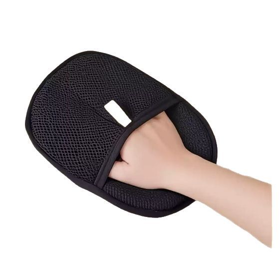 The black mesh glove worn on a hand, shown on a white background